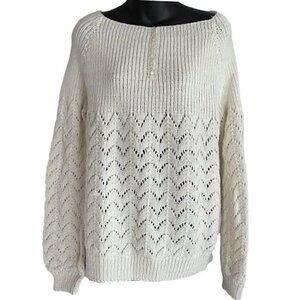 Pearl Detail Granny Core Hand Knit Chunky Cable Ribbed Sweater Ivory Women’s L